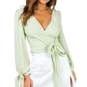 Princess Polly Alena Top Sage Green Long Balloon Sleeve Wrap Front Tie V-neck